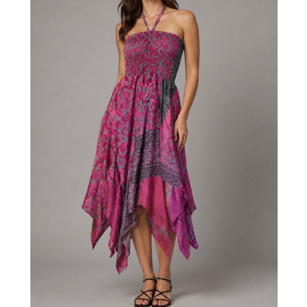 Vintage Asymmetrical Silk Dress Pink Mixed Prints Smocked Bust Womens Small
